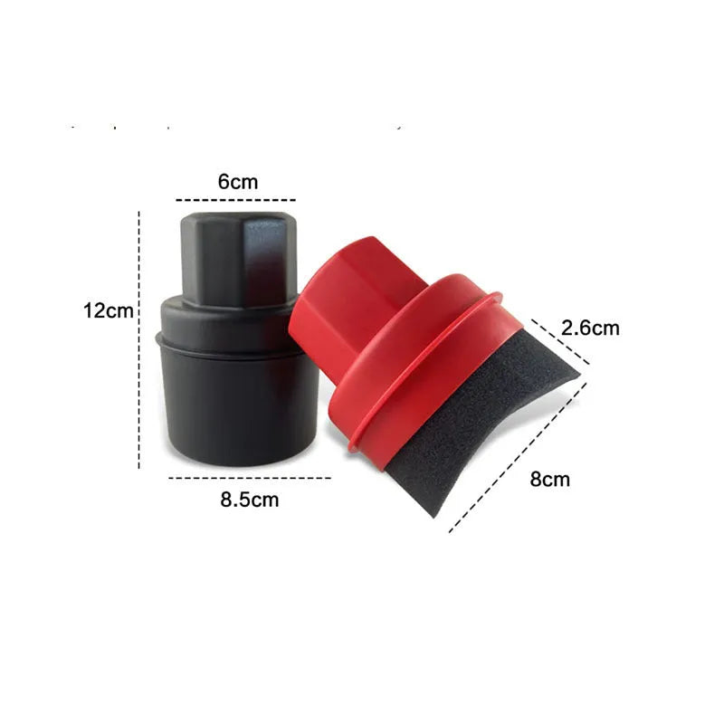 Black car tyre polishing sponge brush with high-density foam head and a white protective lid on a tyre.