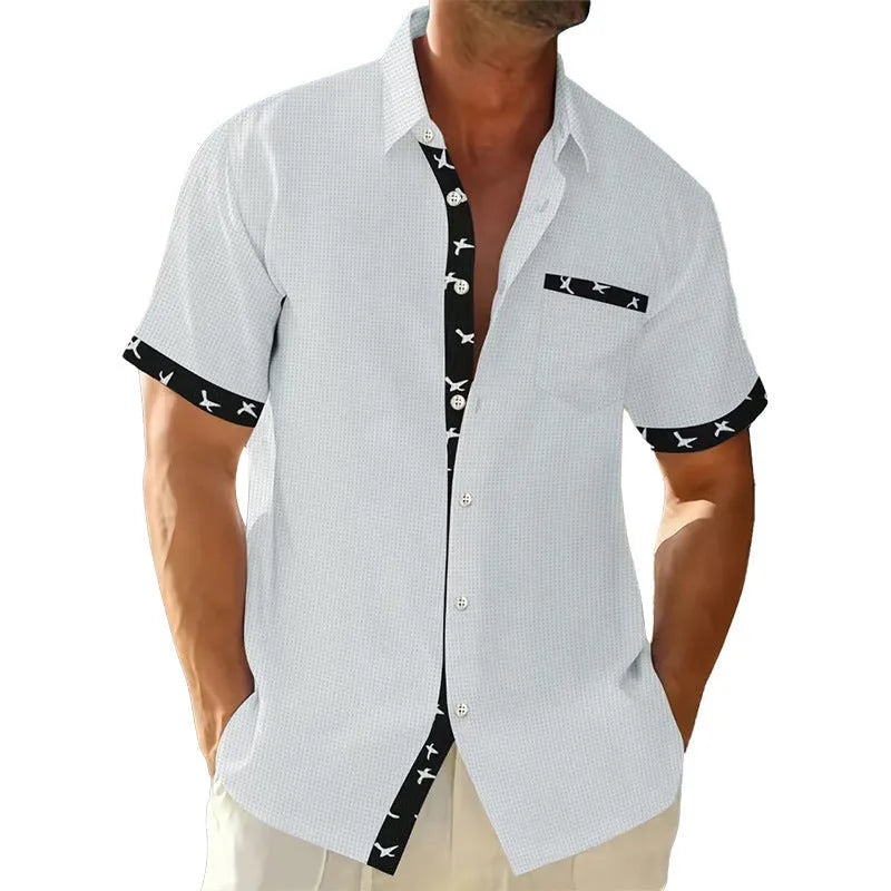 Men's loose casual floral cardigan t-shirt shirt in black polyester fibre, front view
