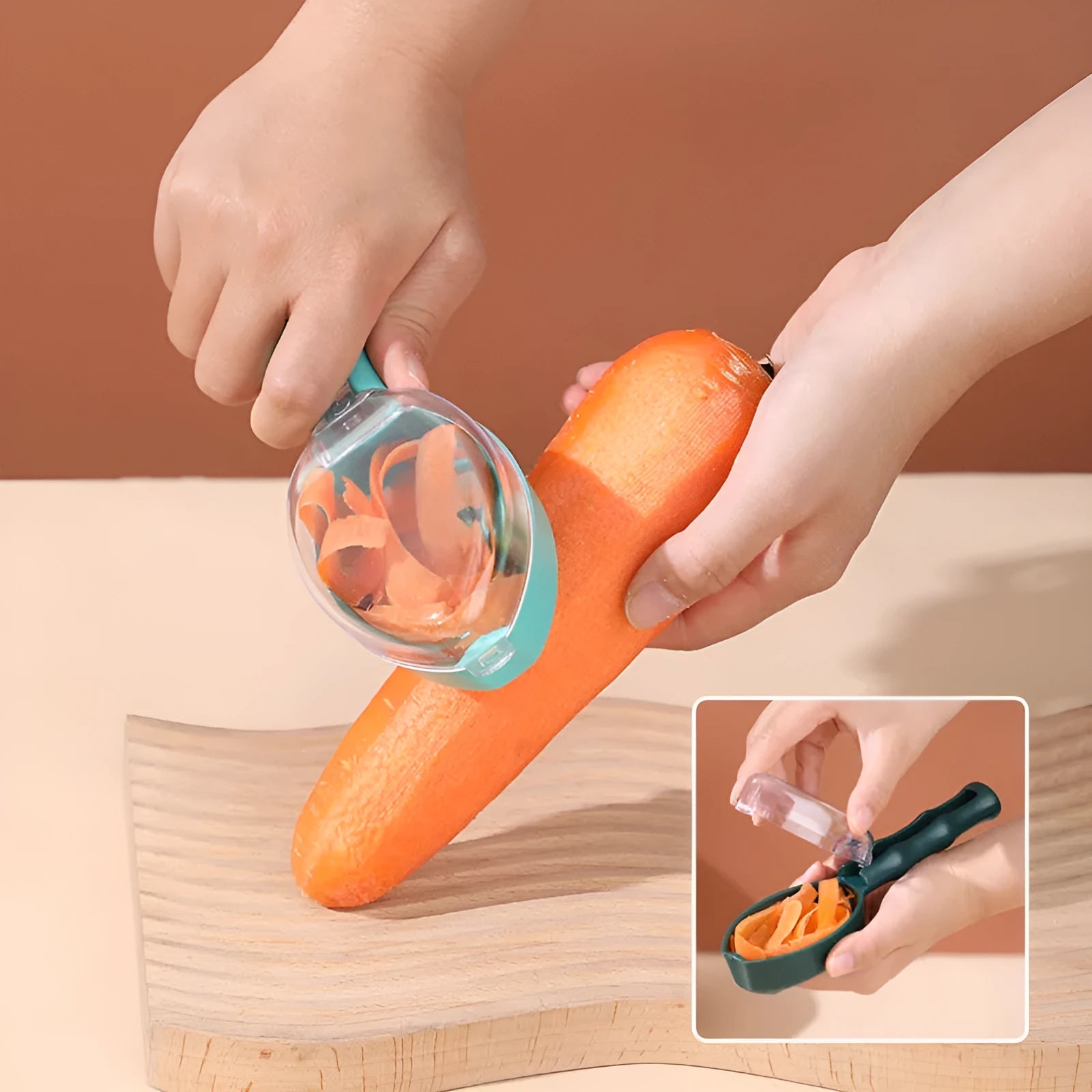 Yellow peeling knife with a storage lid on a kitchen counter.