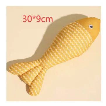 Blue, red or yellow catnip fish toy with natural filling for feline energy and dental health