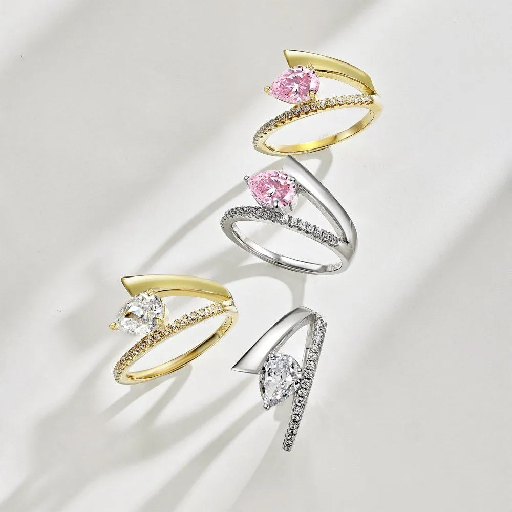 Women's ring with water drop diamond shape, silver electroplated finish, geometric design, available in multiple colours and sizes