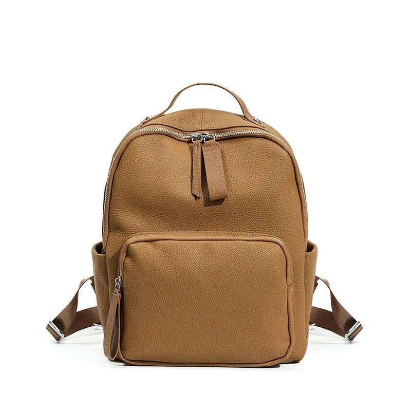 Genuine leather women's backpack showing laptop compartment and multiple colour options including black, brown and grey
