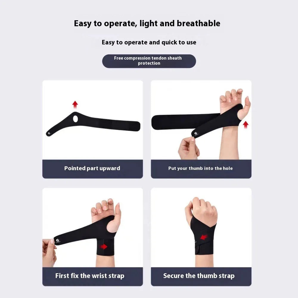 Adjustable black athletic wristguard for wrist support during sports like badminton and tennis.
