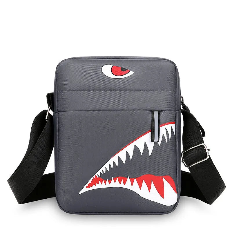Men's small black crossbody bag with animal print, made from Oxford cloth.