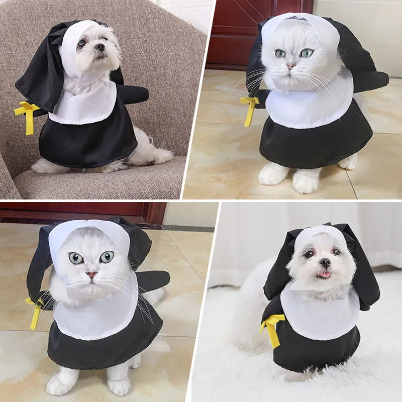 Black polyester nun costume for pets on dog or cat for Halloween dressing