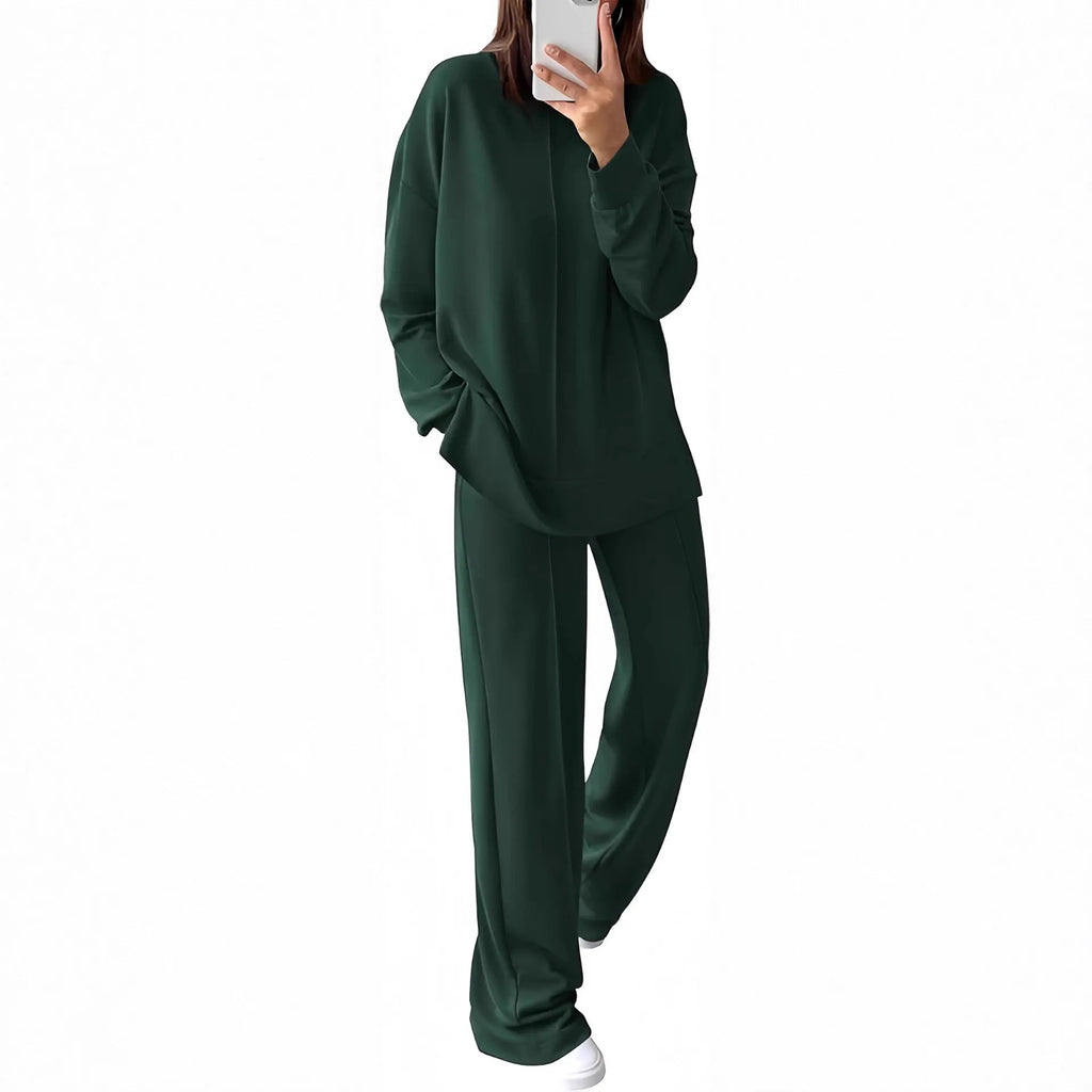 Women's long sleeve polyester jogging suit set in army green, shown as a top and trousers.