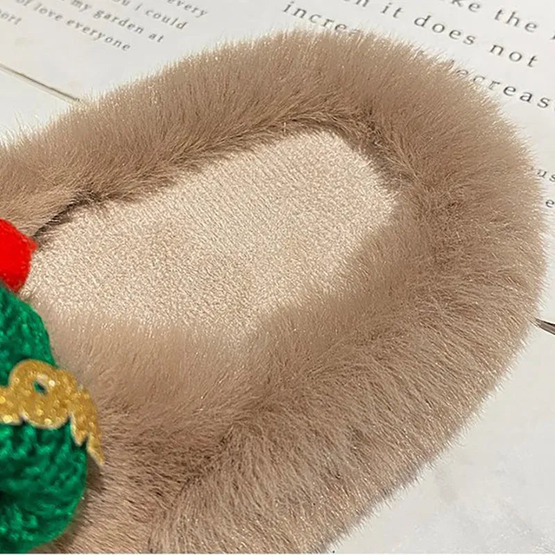 Women's Christmas hat decoration slippers in faux plush, shown in black, khaki, and white colour options.