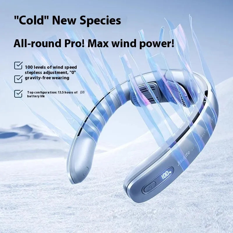 Silver grey bladeless portable neck fan hanging display showing modern minimalist design