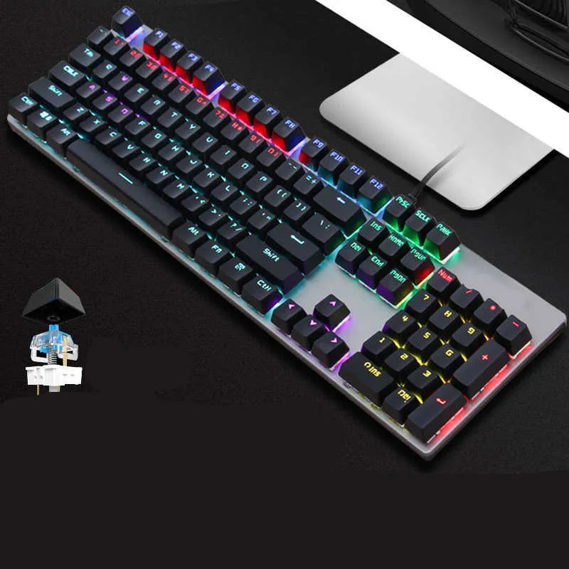 AOC GK410 wired mechanical keyboard with full 104-key layout and backlit keys on a metal frame.