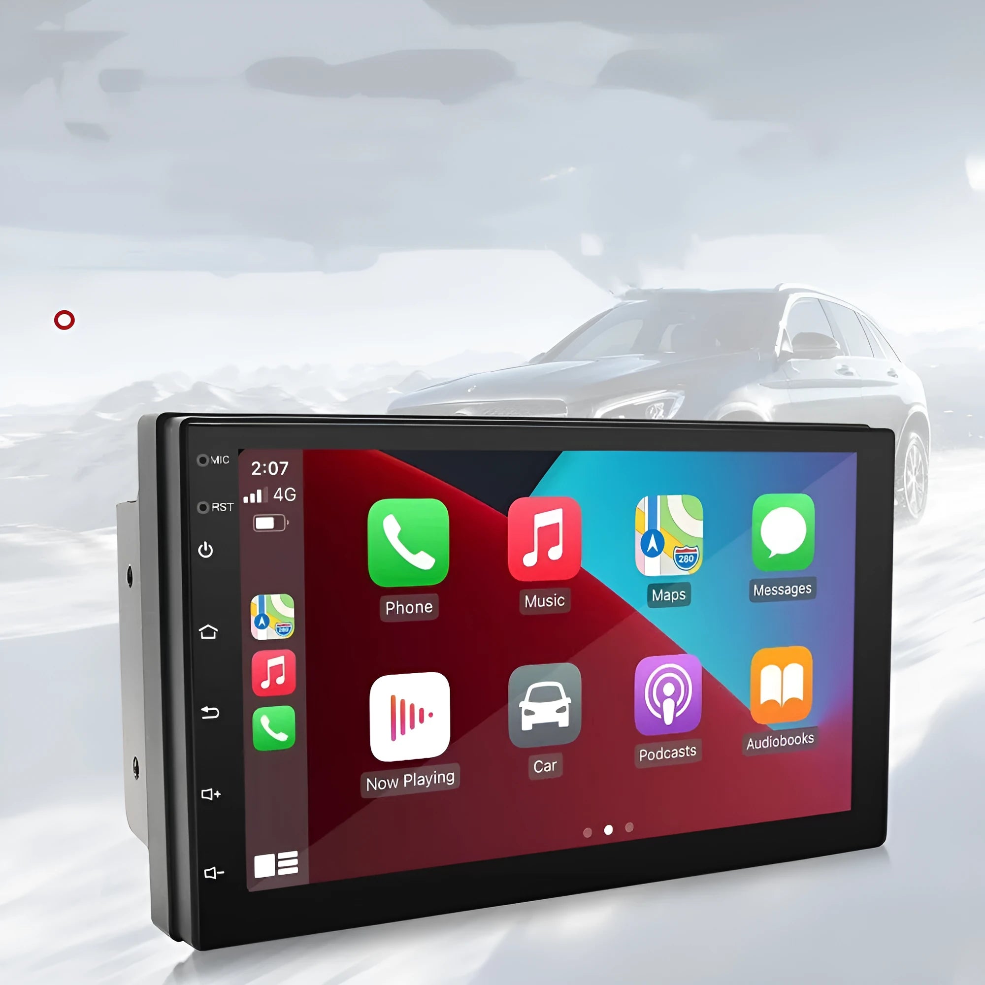 Universal car navigation radio with 7-inch touchscreen display for GPS and CarPlay.