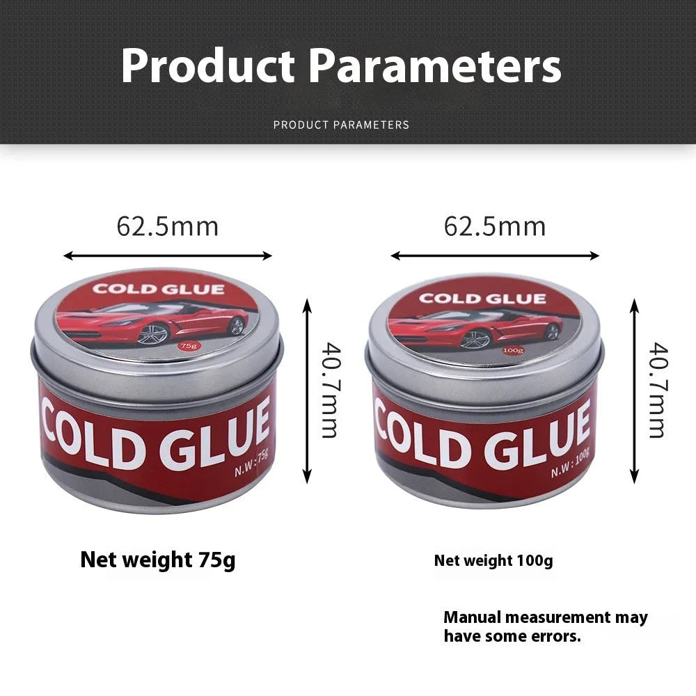 Tube of cold glue for automotive dent repair, shown in 75g and 100g sizes.