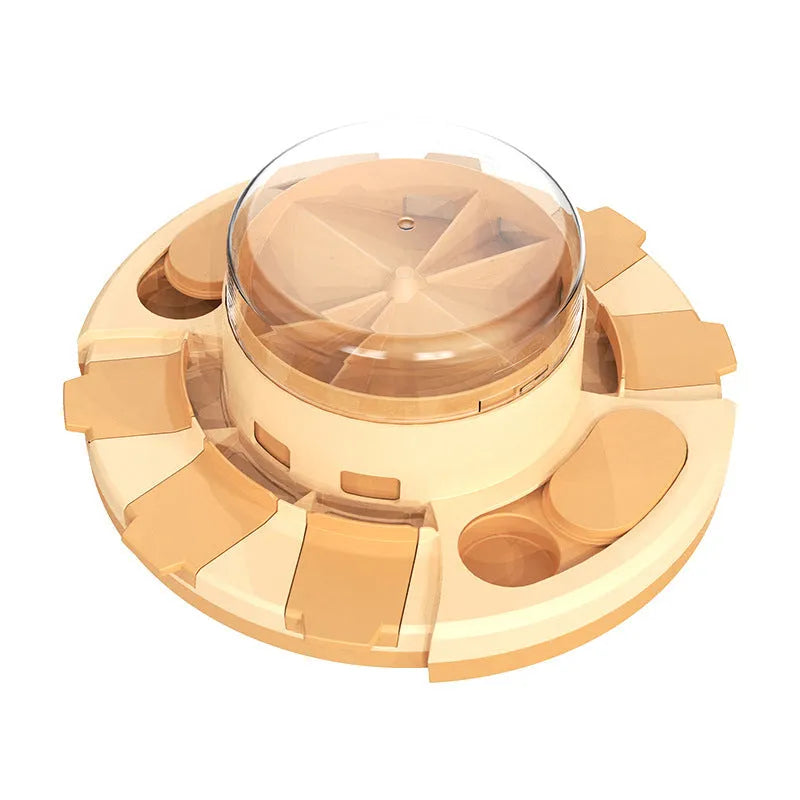 Plastic pet toys including food leakage bear, bulb tumbler cat toy, and educational puzzles in various colours