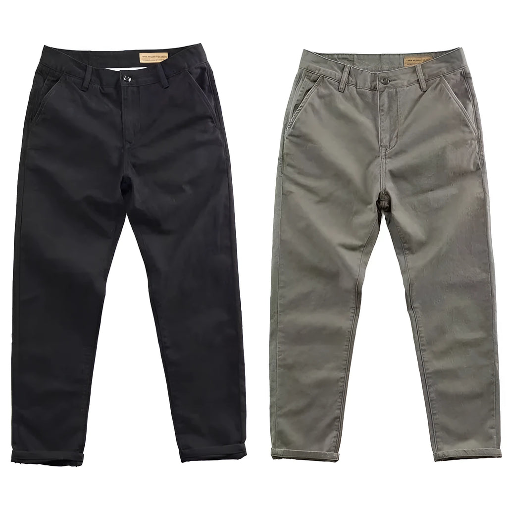 Men's slim straight-leg casual trousers in a washed cotton-polyester blend fabric.