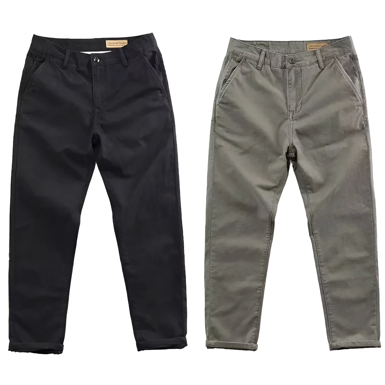 Men's slim straight-leg casual trousers in a washed cotton-polyester blend fabric.