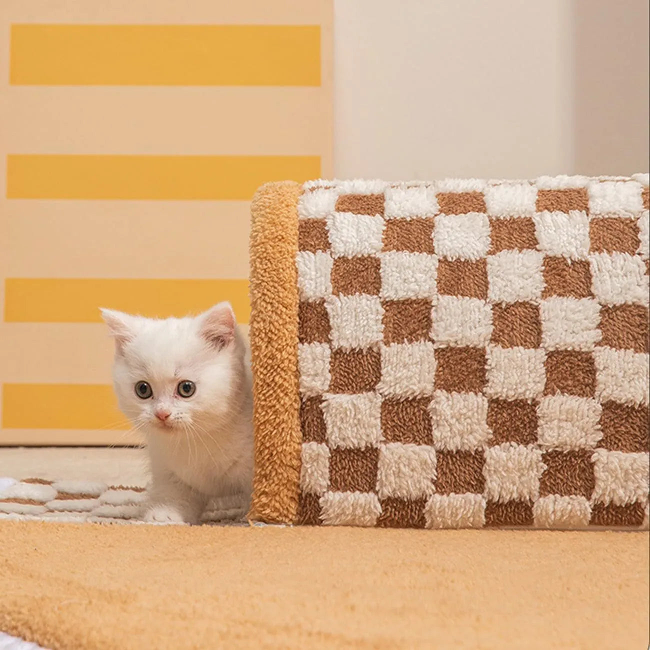 XL coffee and yellow plush 2-in-1 pet bed with a sleeping mat and attached tunnel, showing anti-slip base.