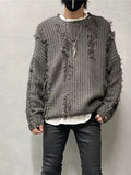 Retro tassel ripped loose knit sweater pullover for youth, cotton blend, available in black and gray