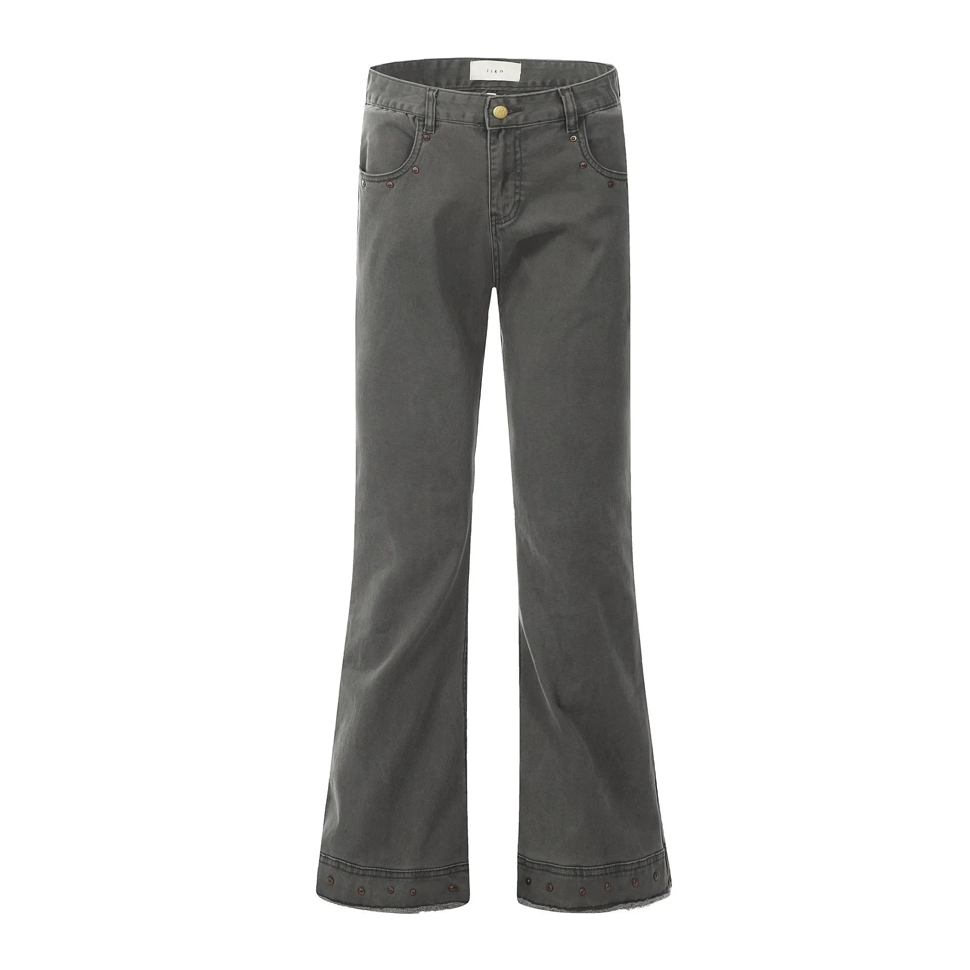 Black and grey green cotton retro skinny jeans with a straight leg and horn opening on a mid waist.