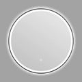 Round black aluminium framed wall mirror with integrated LED lighting rings.