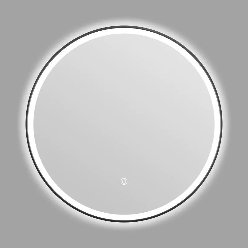 Round black aluminium framed wall mirror with integrated LED lighting rings.