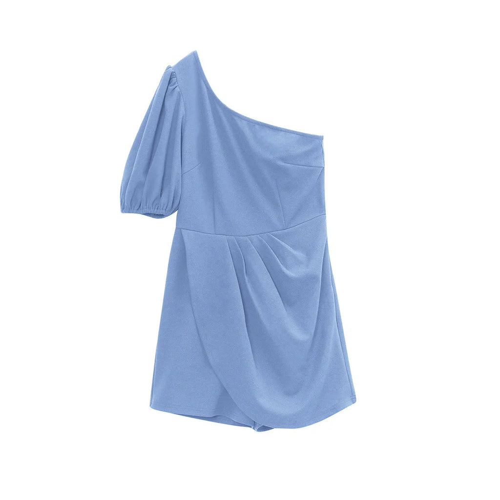 Solid colour one-shoulder knitted jumpsuit for women summer commute with lantern sleeve and three-quarter sleeve in black