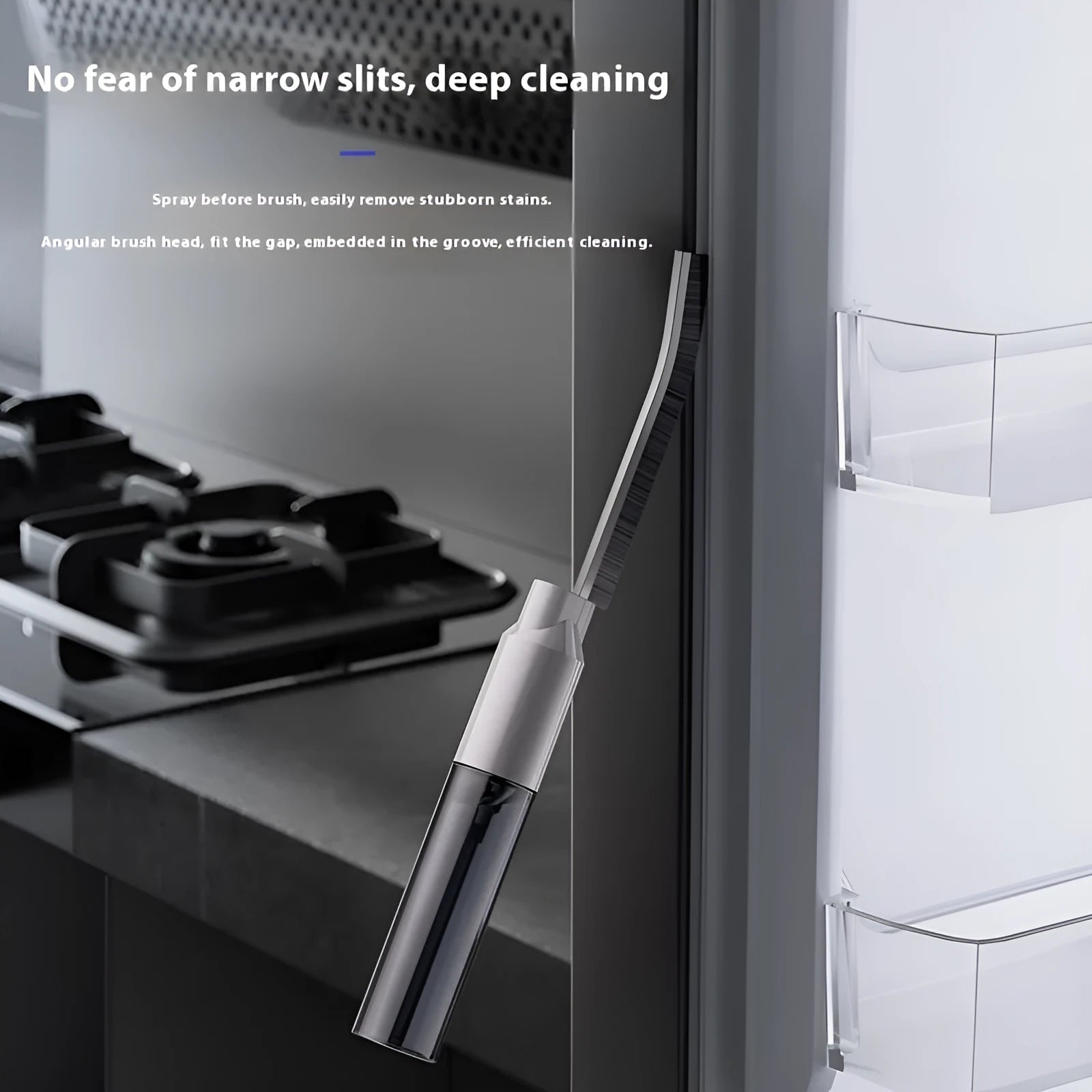 White plastic gap brush with black bristles for cleaning bathroom grooves