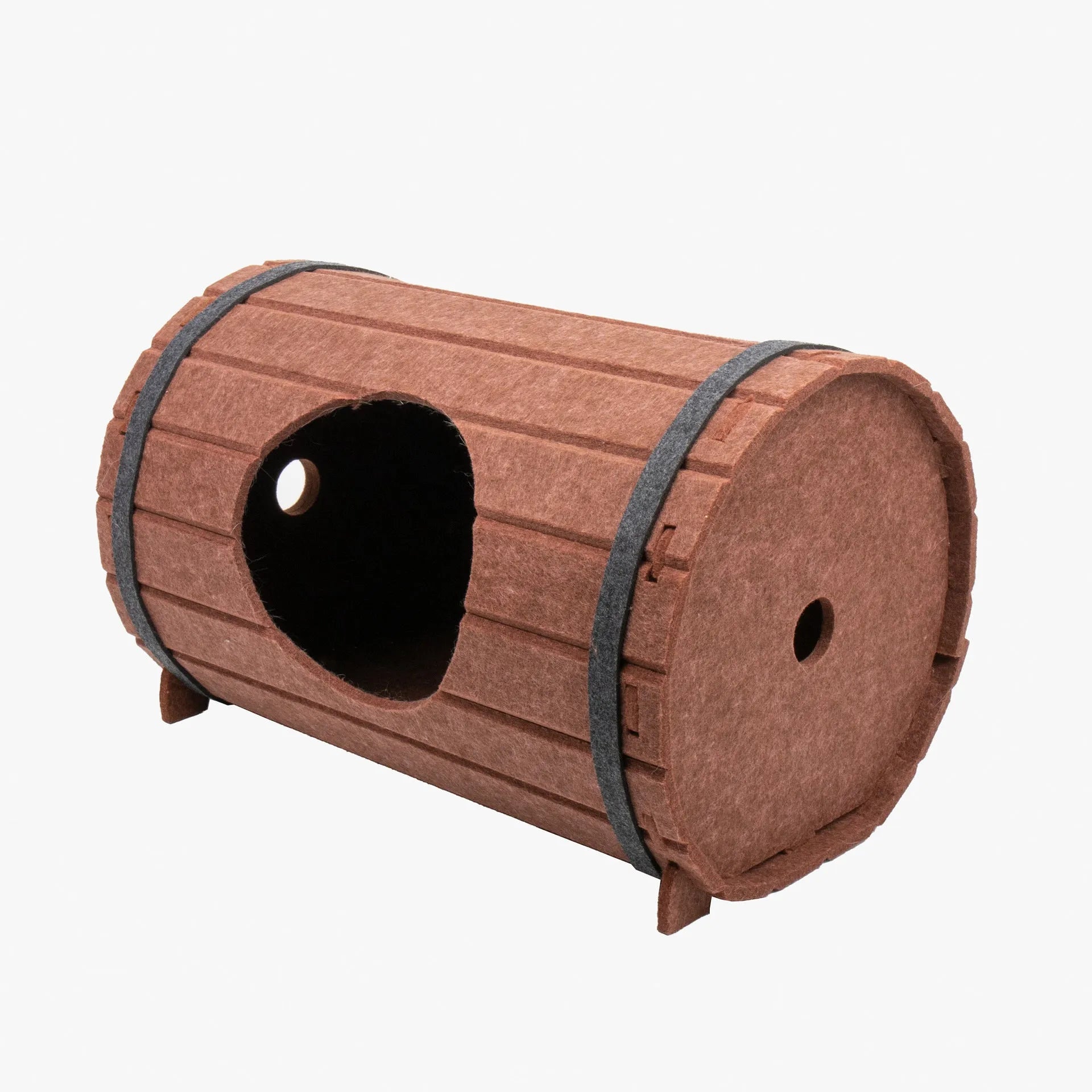 Wine barrel shaped cat bed assembled from three felt pieces with polyester fibre filling
