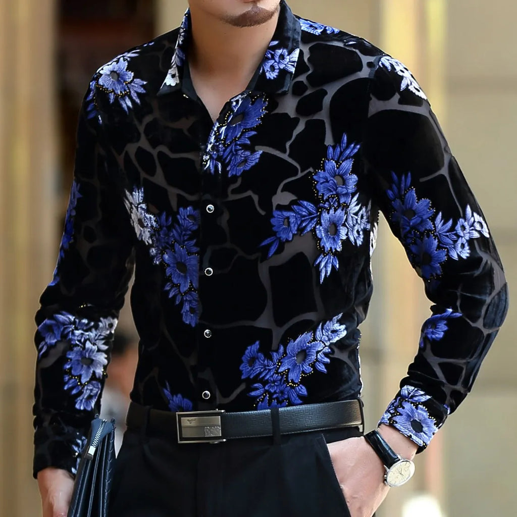 Men's slim fit long sleeve silk shirt in blue with loose floral pattern, front view