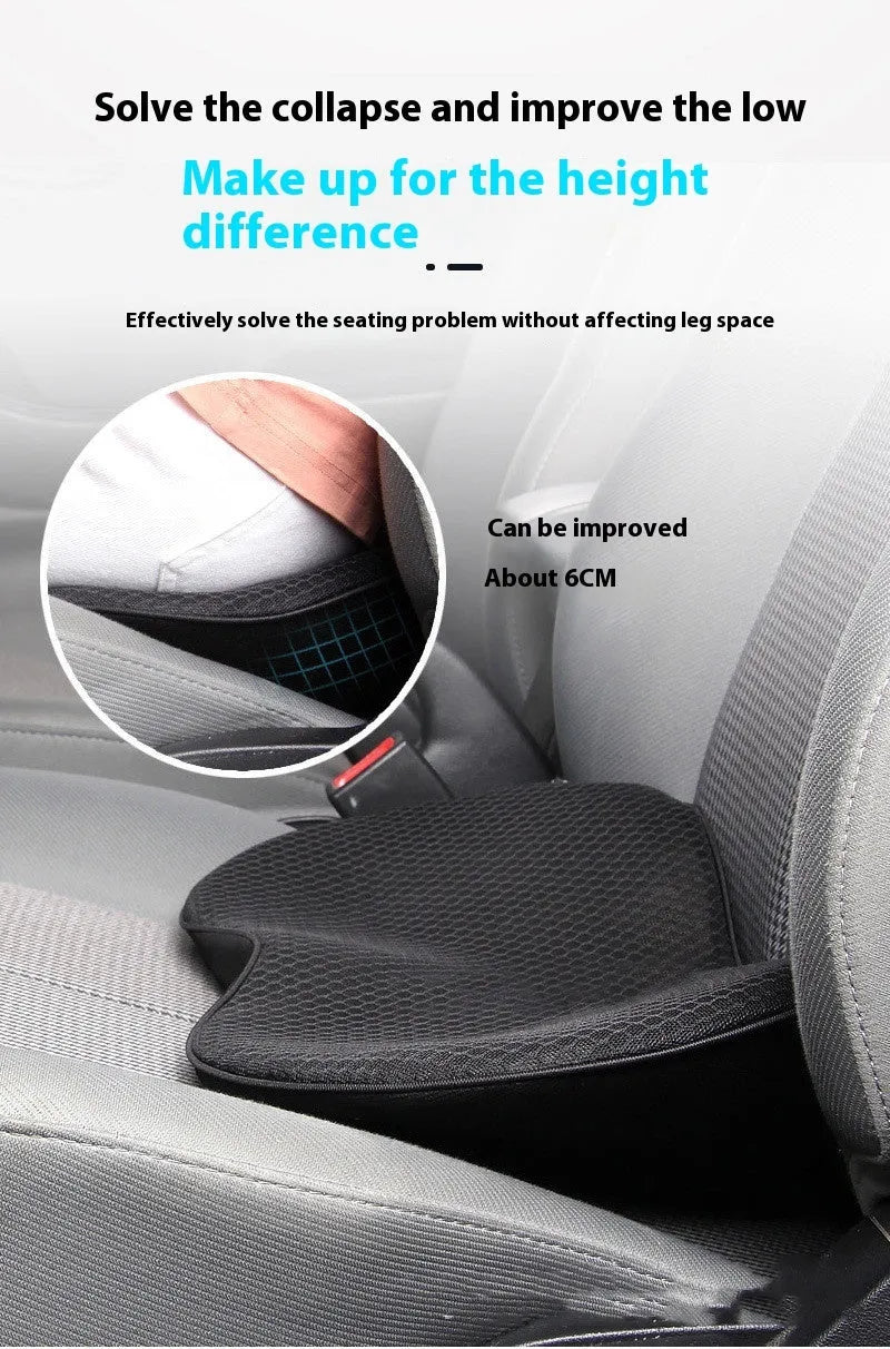 Flat style car seat cushion with memory foam filler, shown in available colours: black, beige, brown, and red.