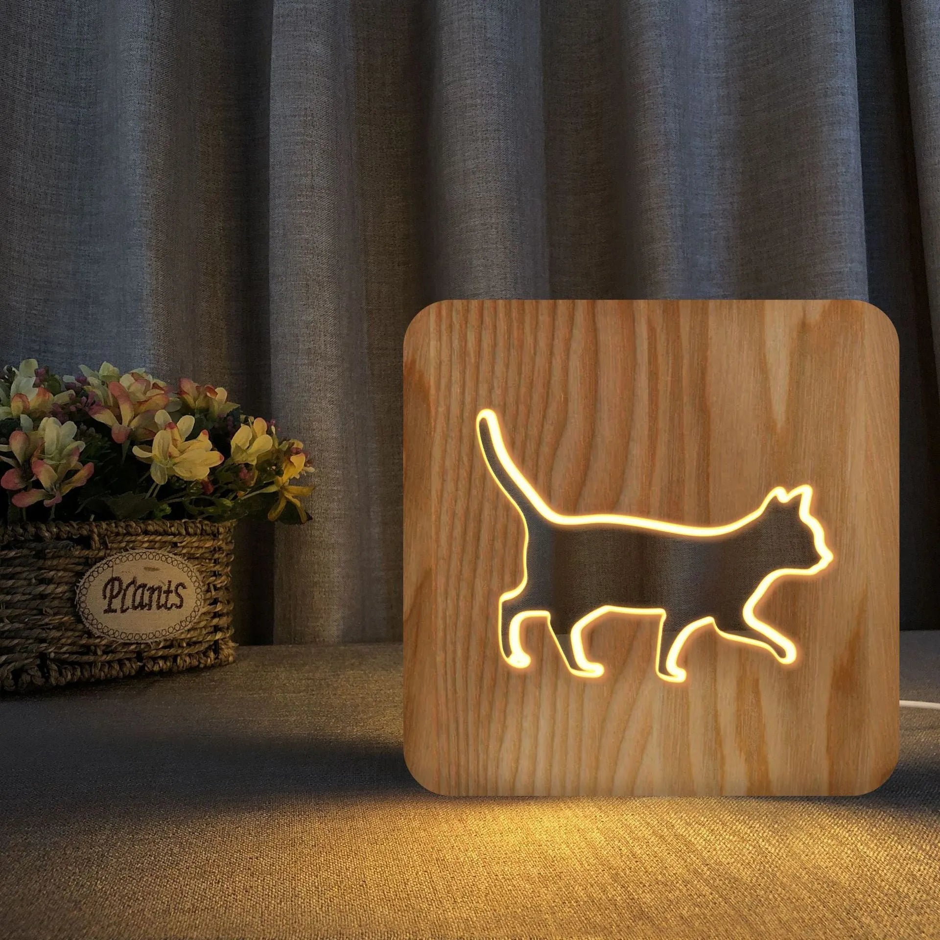 Wooden cat-shaped 3D night light with hollow design and USB power cord