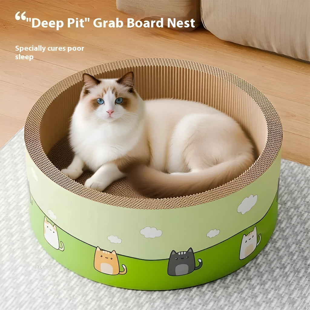 HK round deep pit cat scratch board made of brown corrugated paper, showing textured grooves, on a wooden floor.