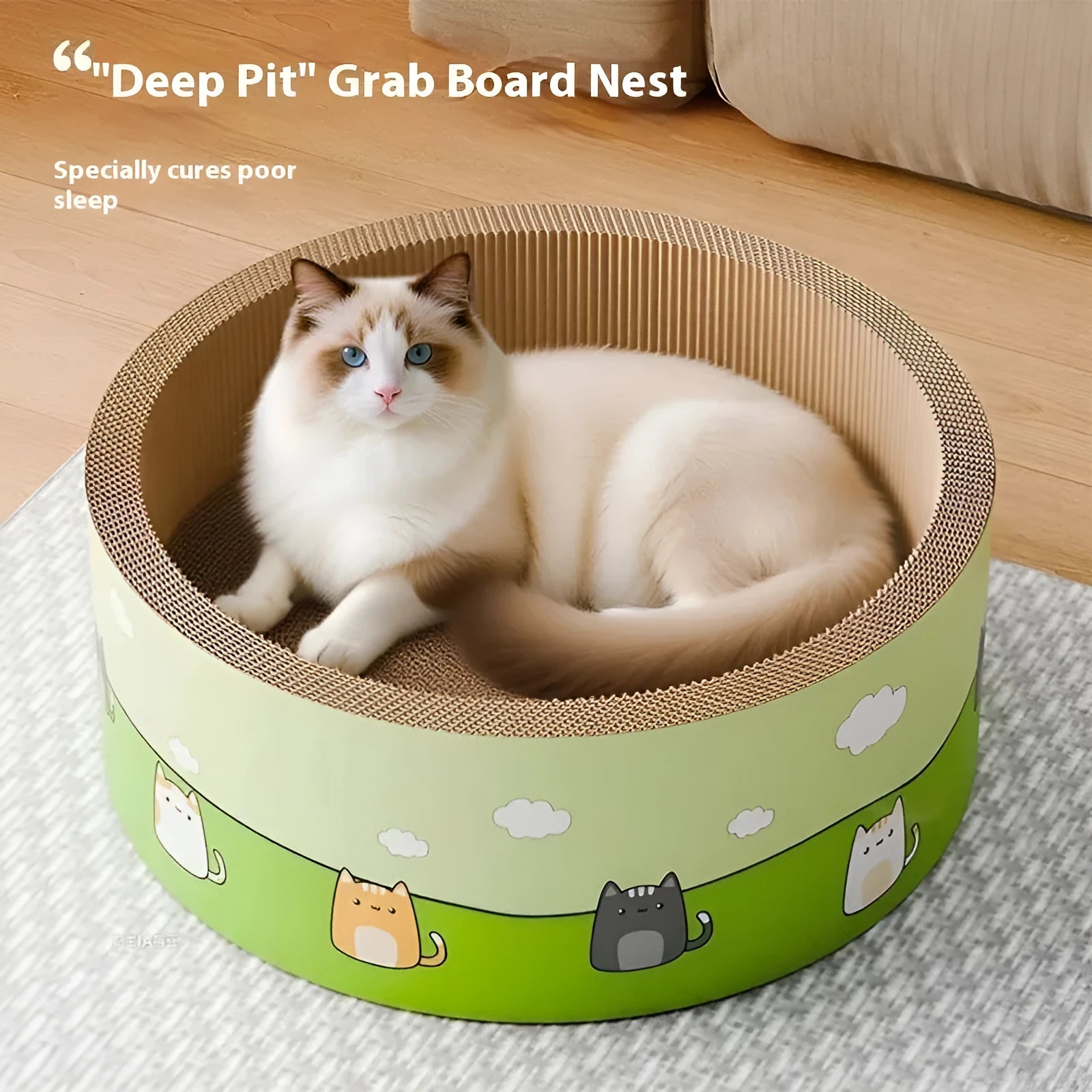 HK round deep pit cat scratch board made of brown corrugated paper, showing textured grooves, on a wooden floor.