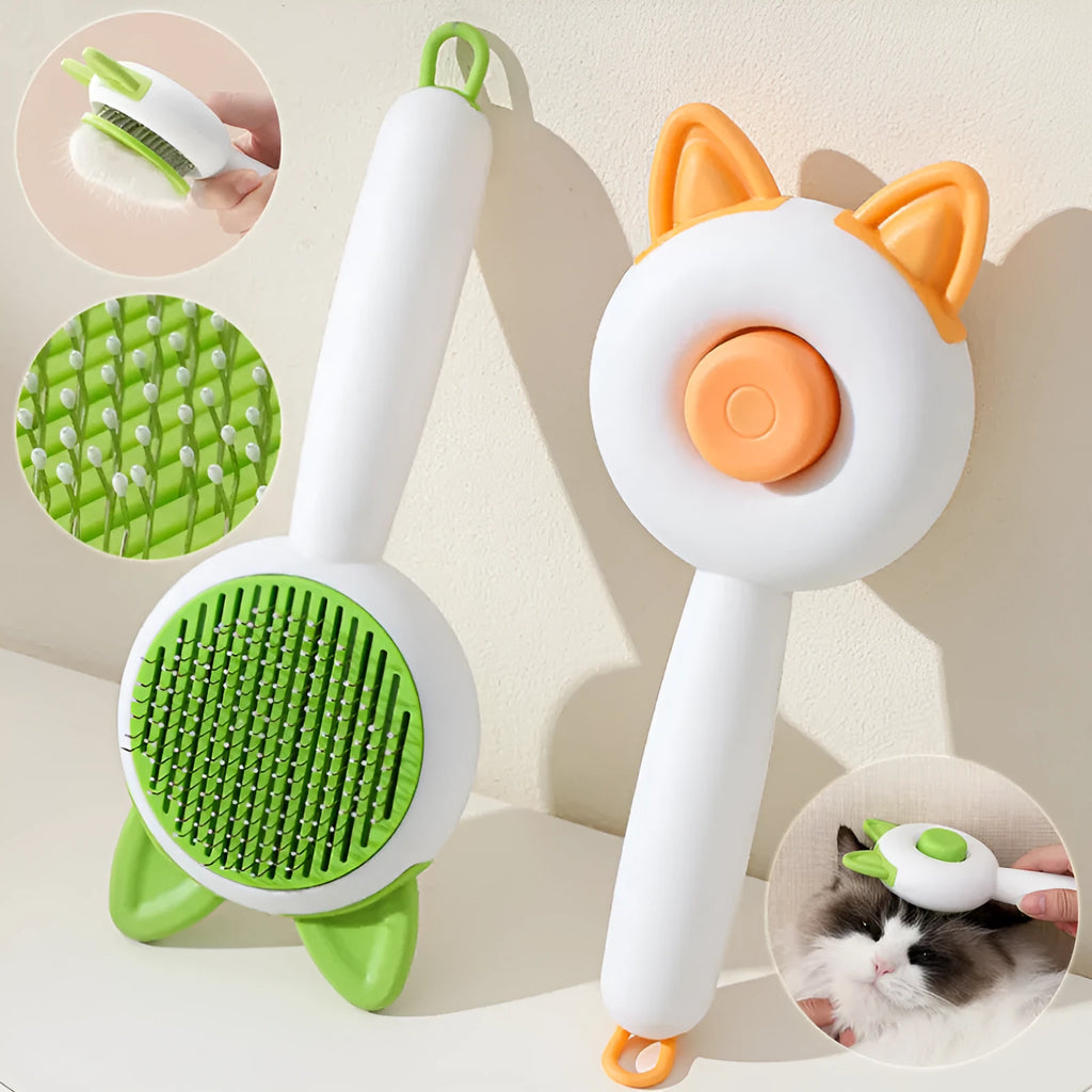 Self-cleaning cat grooming brush with stainless steel bristles in greenish white and orange white colour options