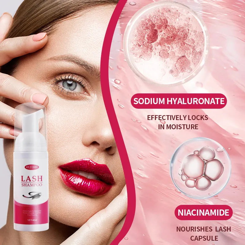 60ml bottle of lash shampoo mousse eyelash cleaning solution, 13.5cm tall.
