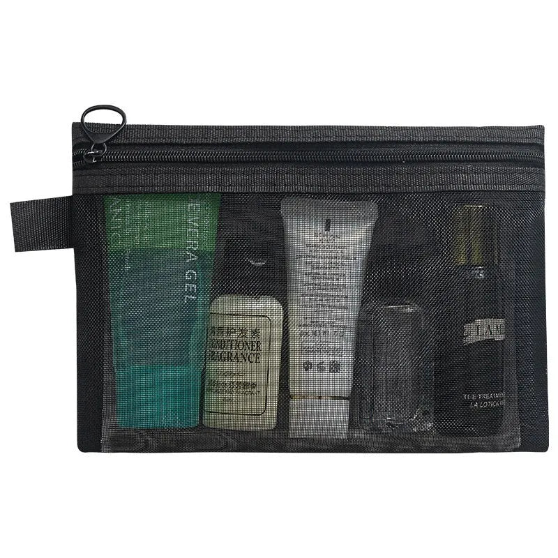 Transparent nylon mesh cosmetics storage bag with zipper in three sizes