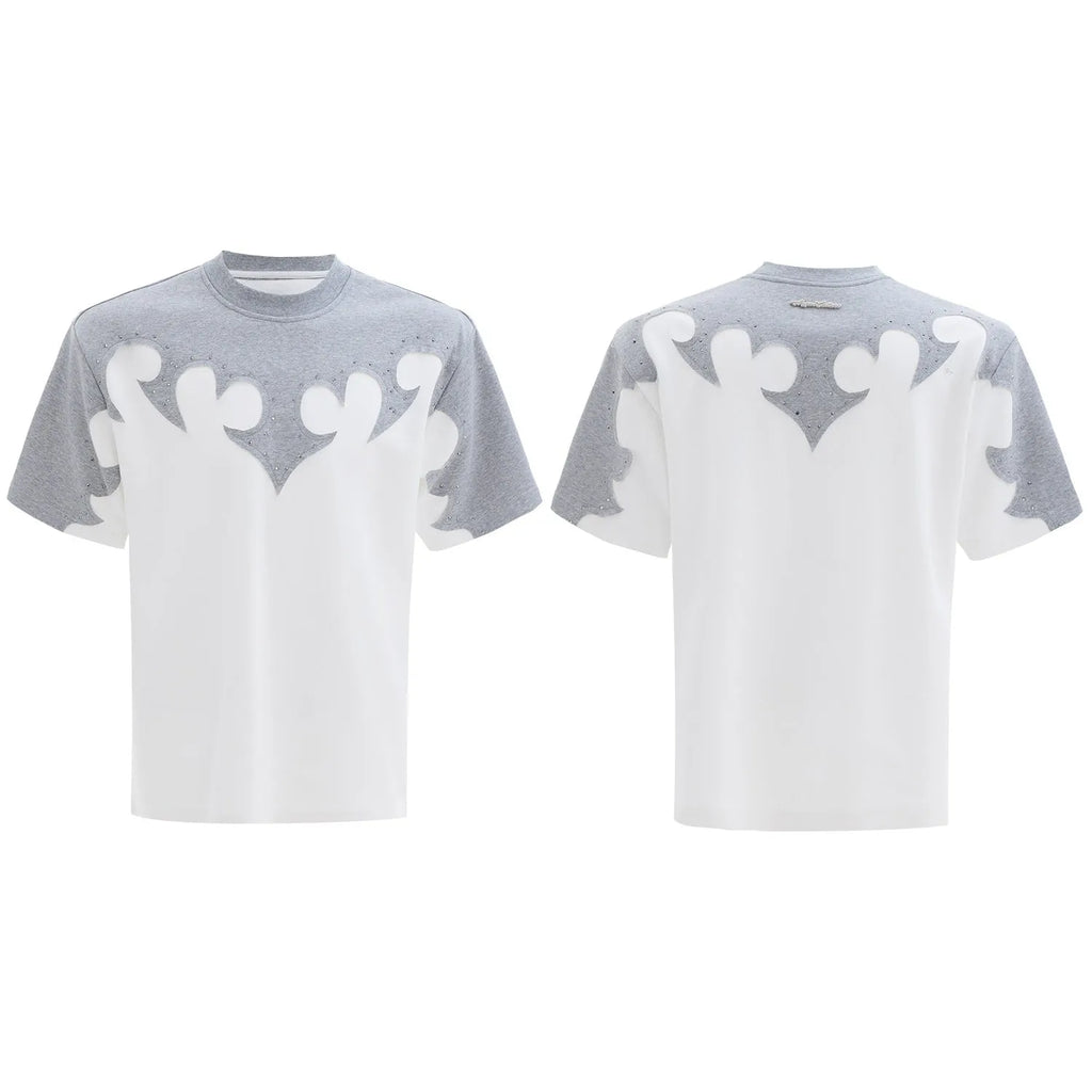 Men's red short sleeve shirt with 3D burnt flower embroidery and rhinestone details on a loose drop shoulder fit.