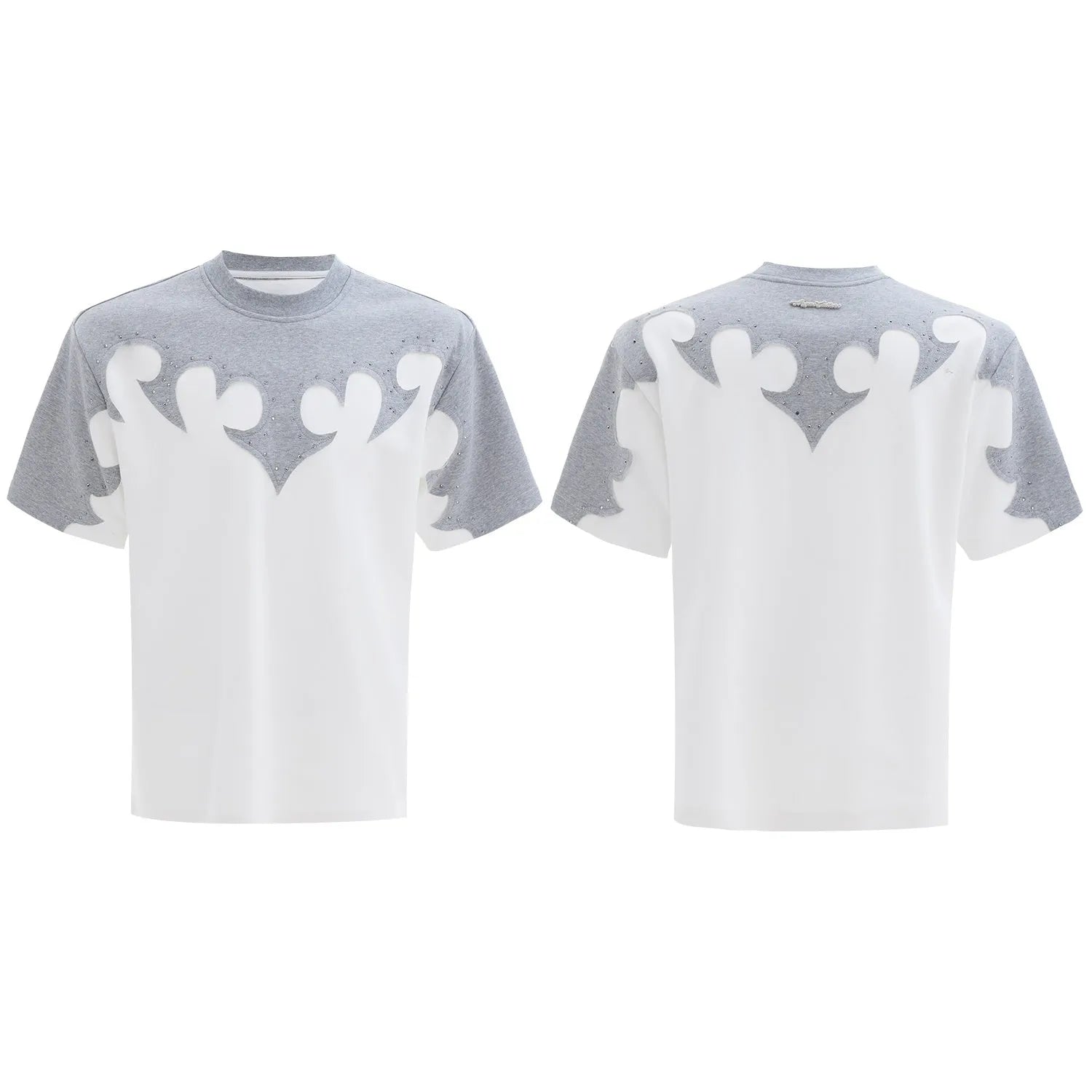 Men's red short sleeve shirt with 3D burnt flower embroidery and rhinestone details on a loose drop shoulder fit.