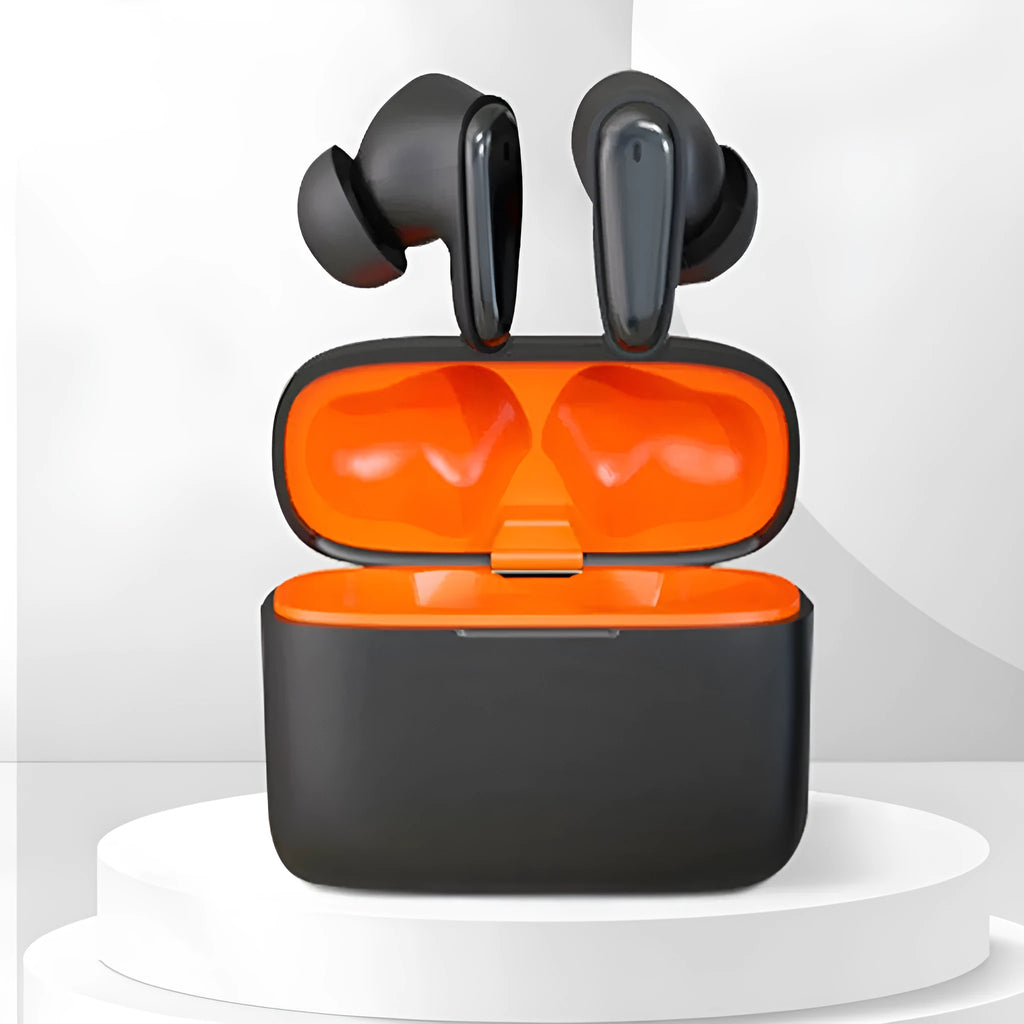 Bluetooth smart in-ear headphones in white, black, dark blue, or lotus root, with charging case and cable.