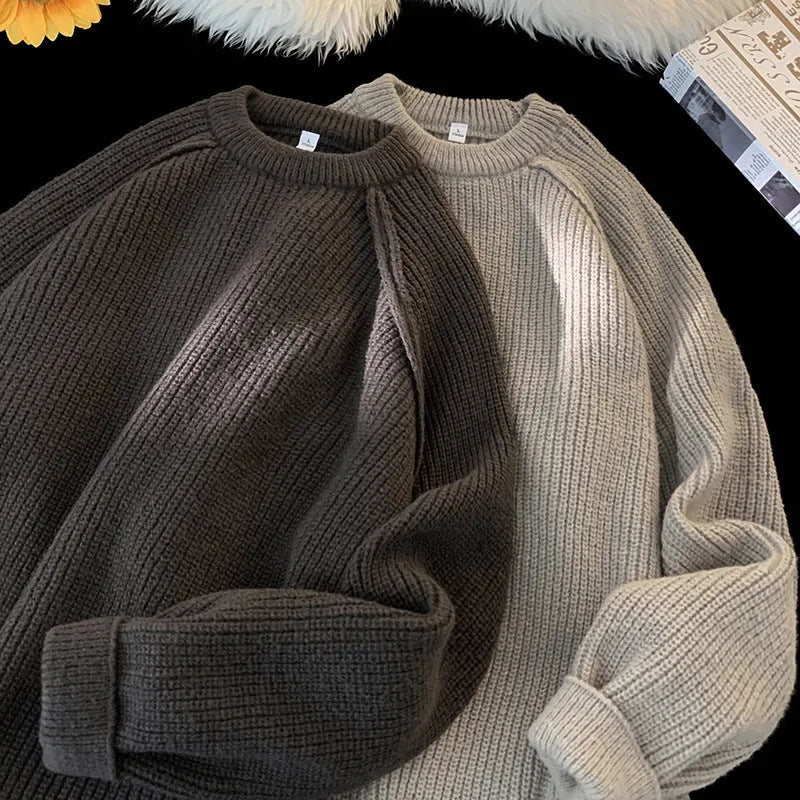 Men's loose fit plain pullover sweater with long sleeves in black, brown or greige, sizes M to XXL