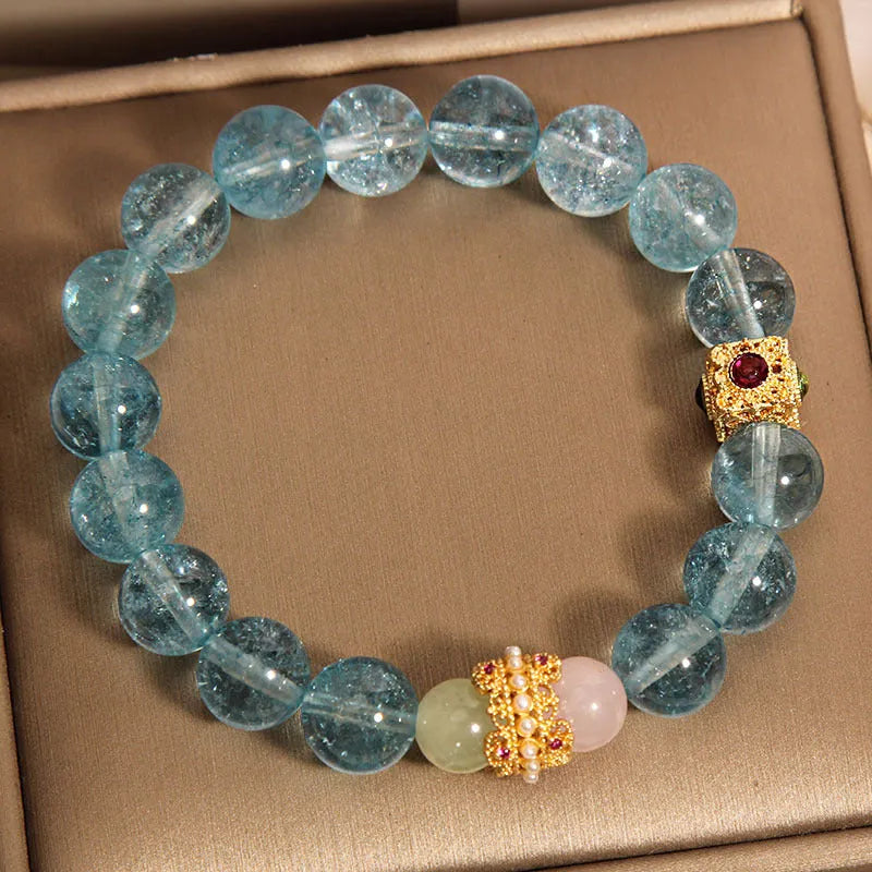 Blue crystal bracelet with Chinese style design featuring cube sugar colourful crystals