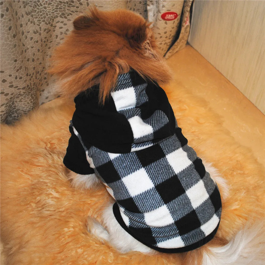 Fleece dog hooded sweater in black and white grid, winter clothing for small to large dogs