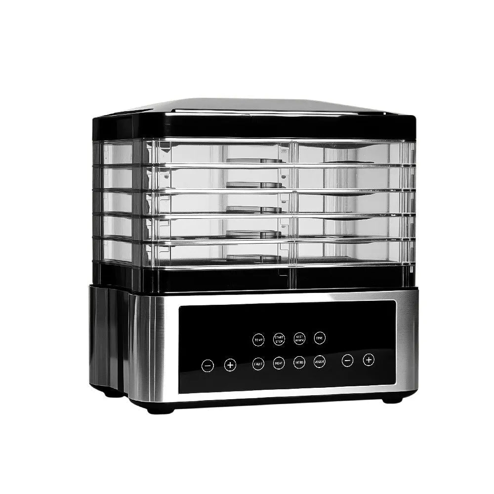 Silver stainless steel fruit dehydrator with multiple drying trays and digital temperature controls