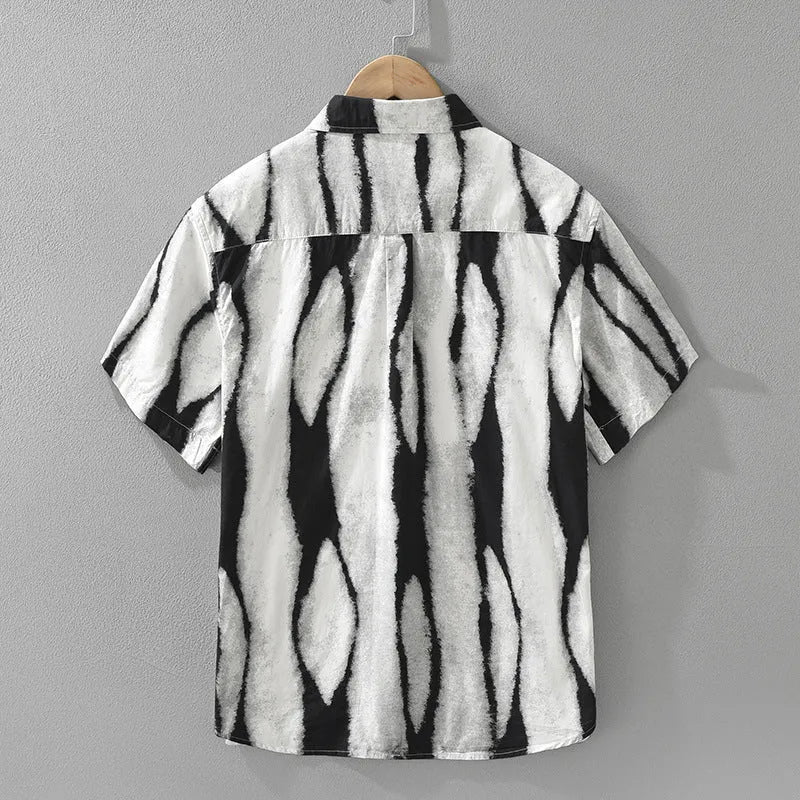 Retro striped short sleeve cotton shirt in loose cardigan fit, shown in black colour.