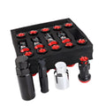 Black forged iron car modification wheel hub screws set with M12 thread pitches on dark background