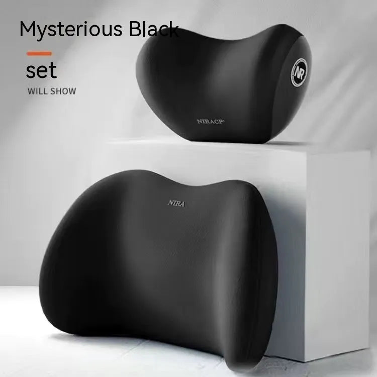 Black memory foam car headrest and lumbar support pillow set with milk silk cover.