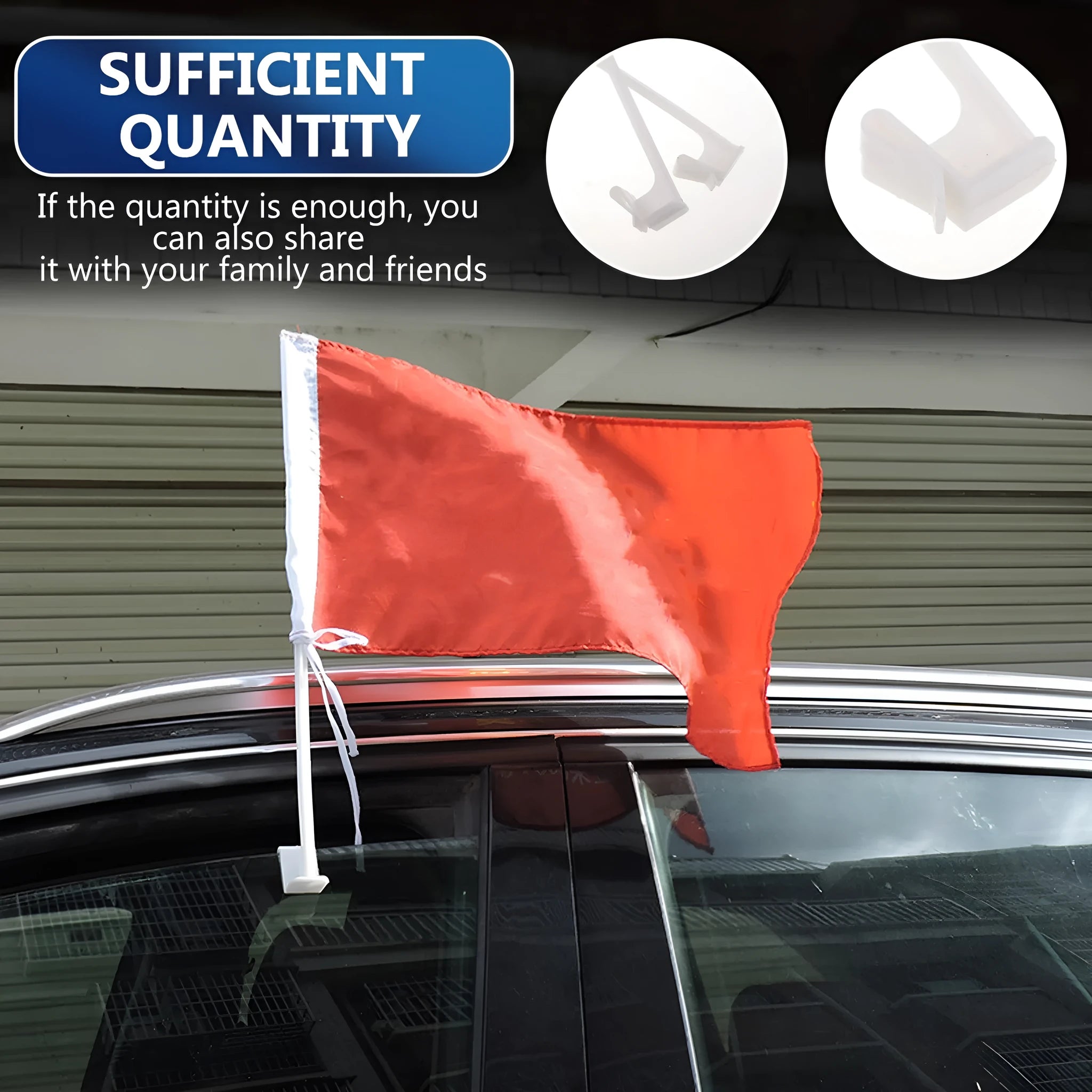 Pack of ten white plastic car window flagpole holder clips on a car window.