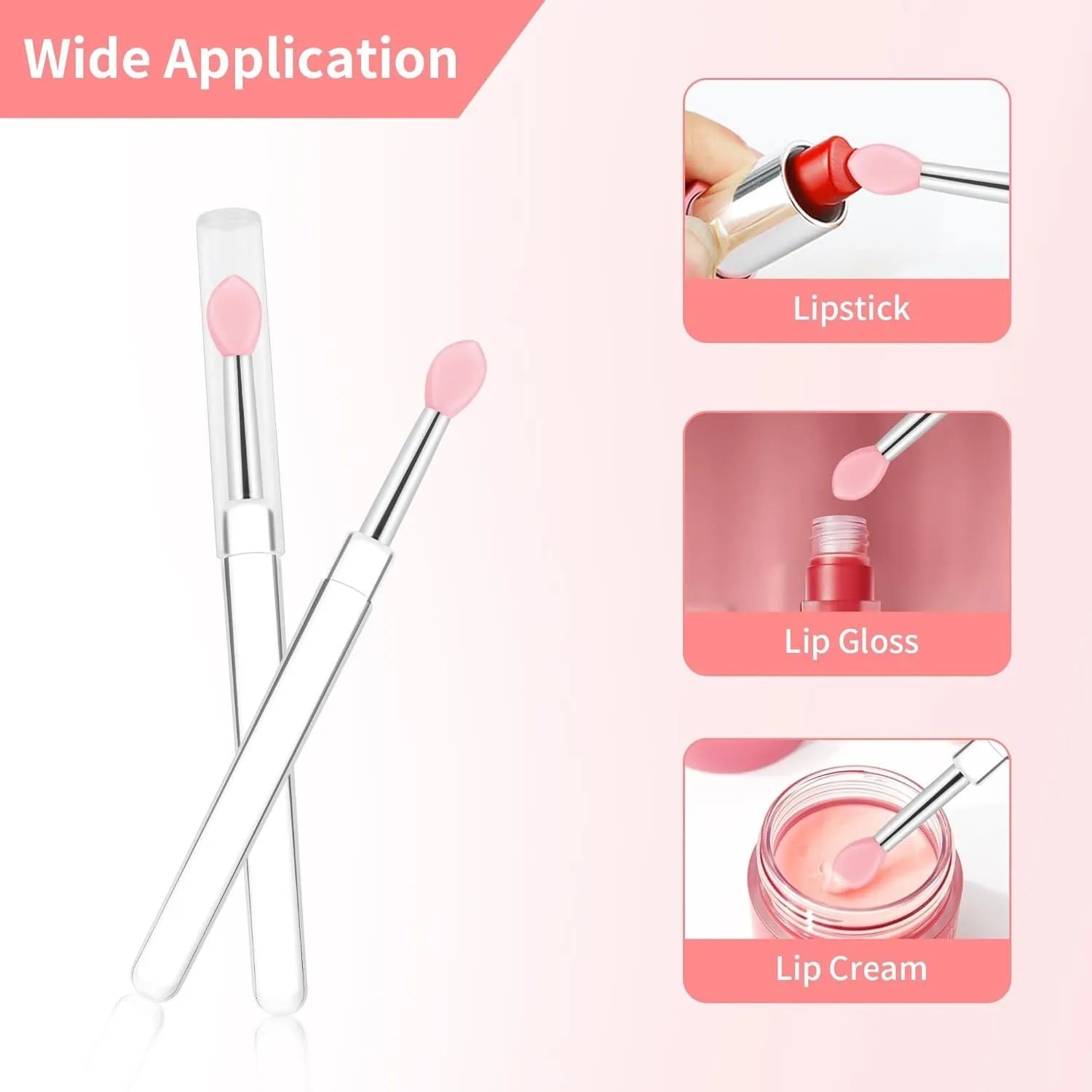 Set of four reusable silicone lip brushes with silicone caps in assorted colours
