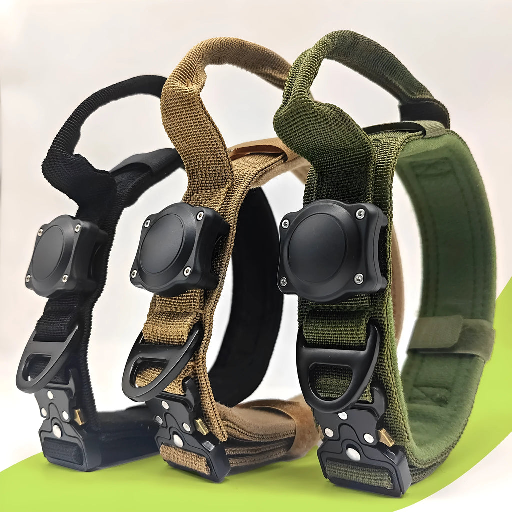 Tactical waterproof dog collar with positioning ring in Army Green, Black, or Khaki colours