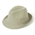Classic brown fedora hat with pinched crown and 6cm brim, shown on a wooden table.
