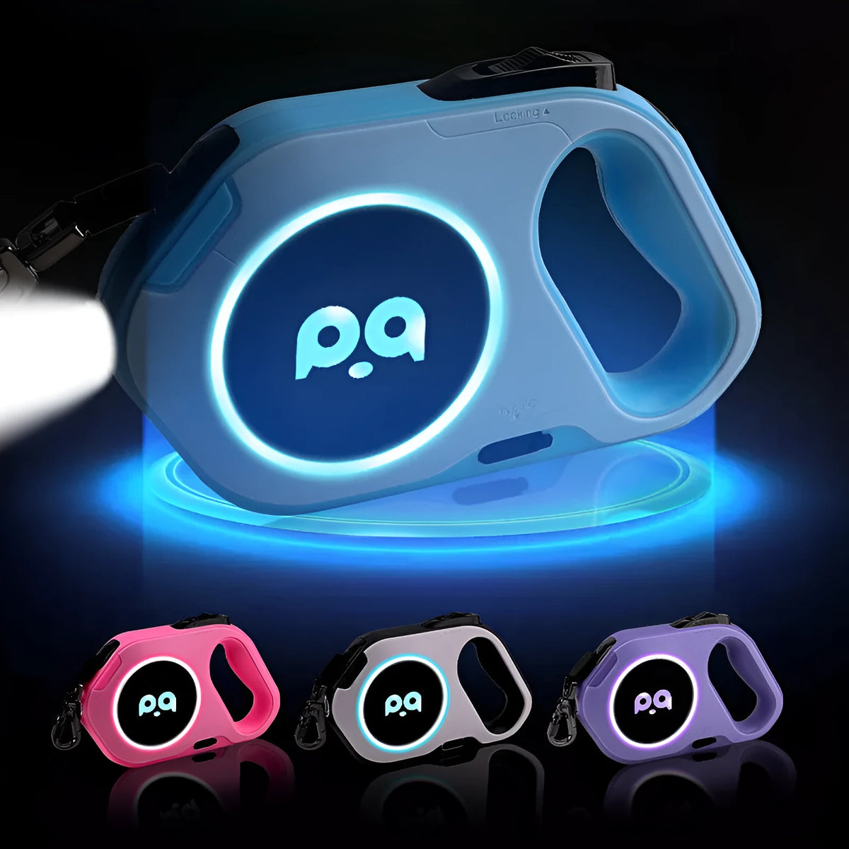 LED retractable dog leash 5m USB rechargeable in sky blue with ABS TPU PC silicone housing