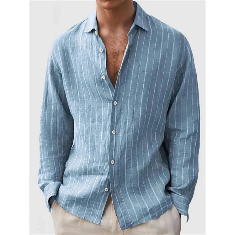 Men's striped cardigan shirt with loose fit and short sleeves in polyester fabric